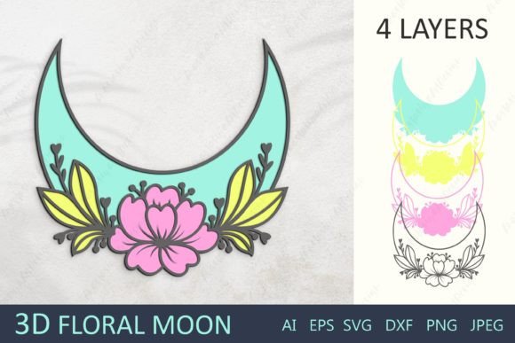 3D Layered Moon with Flower Paper Cut Graphics for Crafts