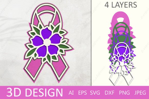 Cancer Ribbon 3D Layered Graphics for Crafts & Branding
