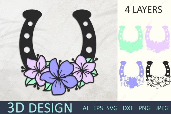 Horseshoe with Flowers 3d Layered Graphics for Crafts